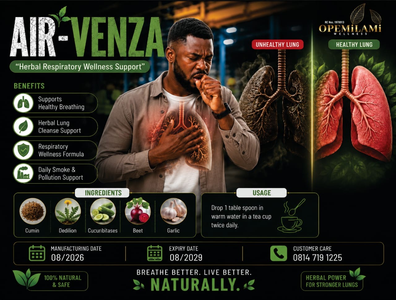 AIRVENZA herbal respiratory wellness support infographic — unhealthy lung vs healthy lung, ingredients, and usage