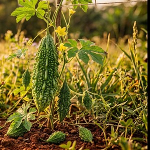 Bitter gourd growing on the vine