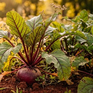 Beet root growing in soil with leaves