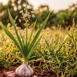 Garlic bulb growing in soil with green shoots
