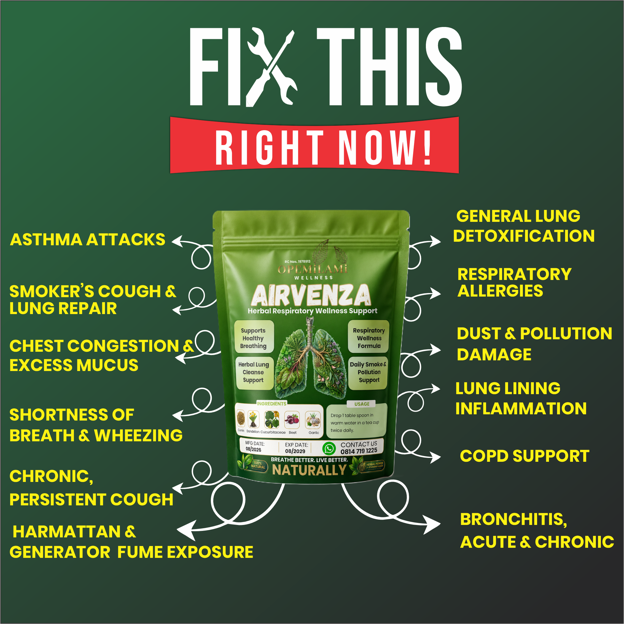 Fix This Right Now — AIRVENZA targets asthma, smoker's cough, chest congestion, shortness of breath, chronic cough, lung detoxification, respiratory allergies, dust and pollution damage, lung inflammation, COPD, and bronchitis