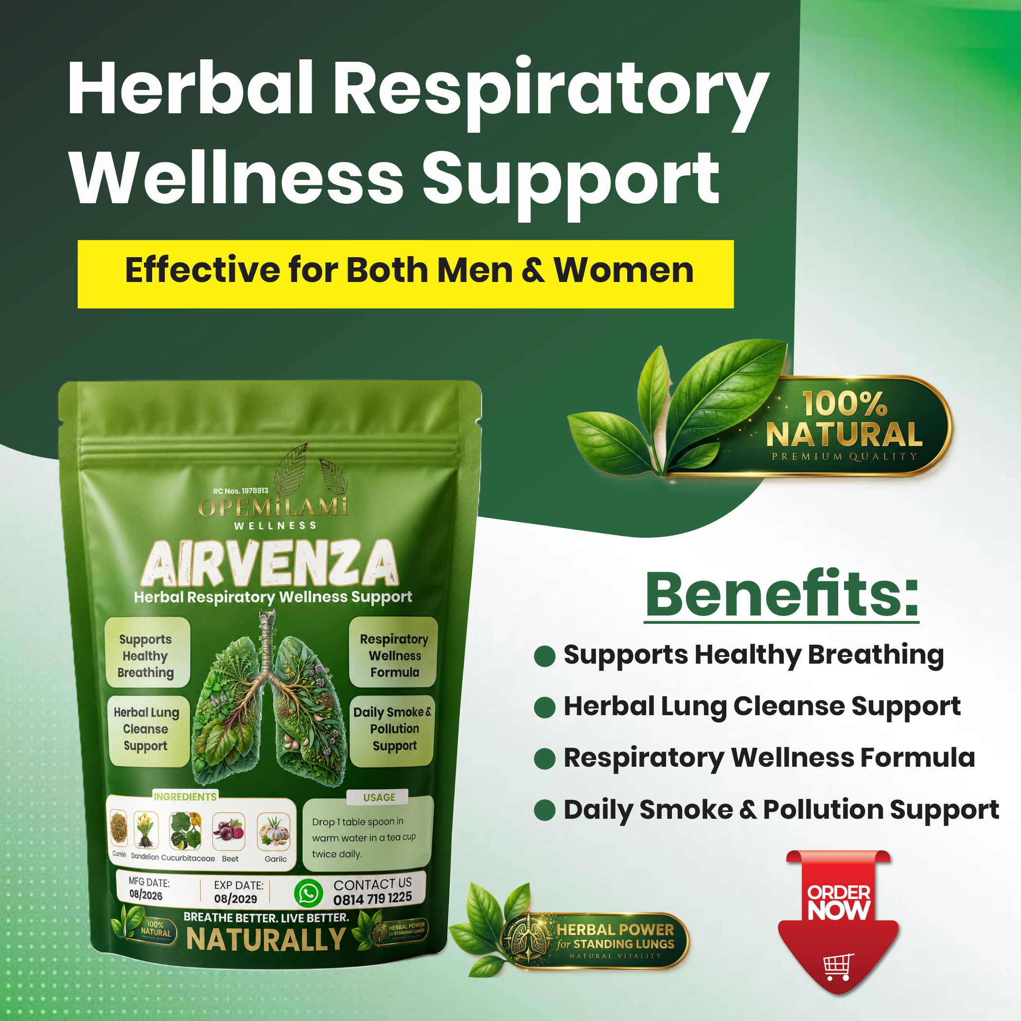 AIRVENZA Herbal Respiratory Wellness Support — effective for both men and women, benefits and product pack